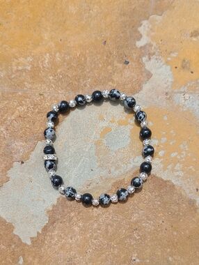 Black & White Snowflake Obsidian Beaded Bracelet with Silvery Accents